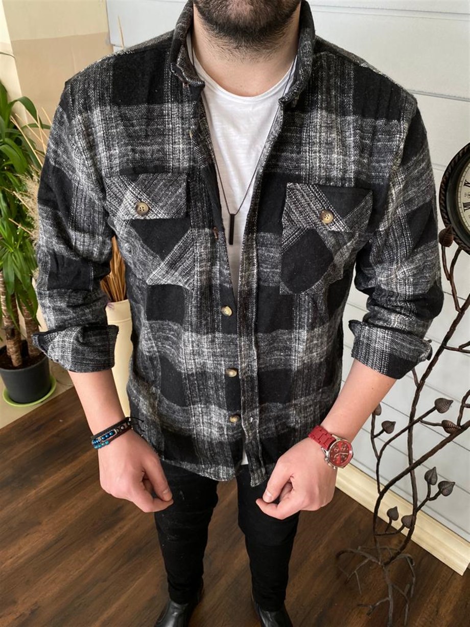 Erkek Siyah Çift Cepli Kışlık Oduncu Gömlek