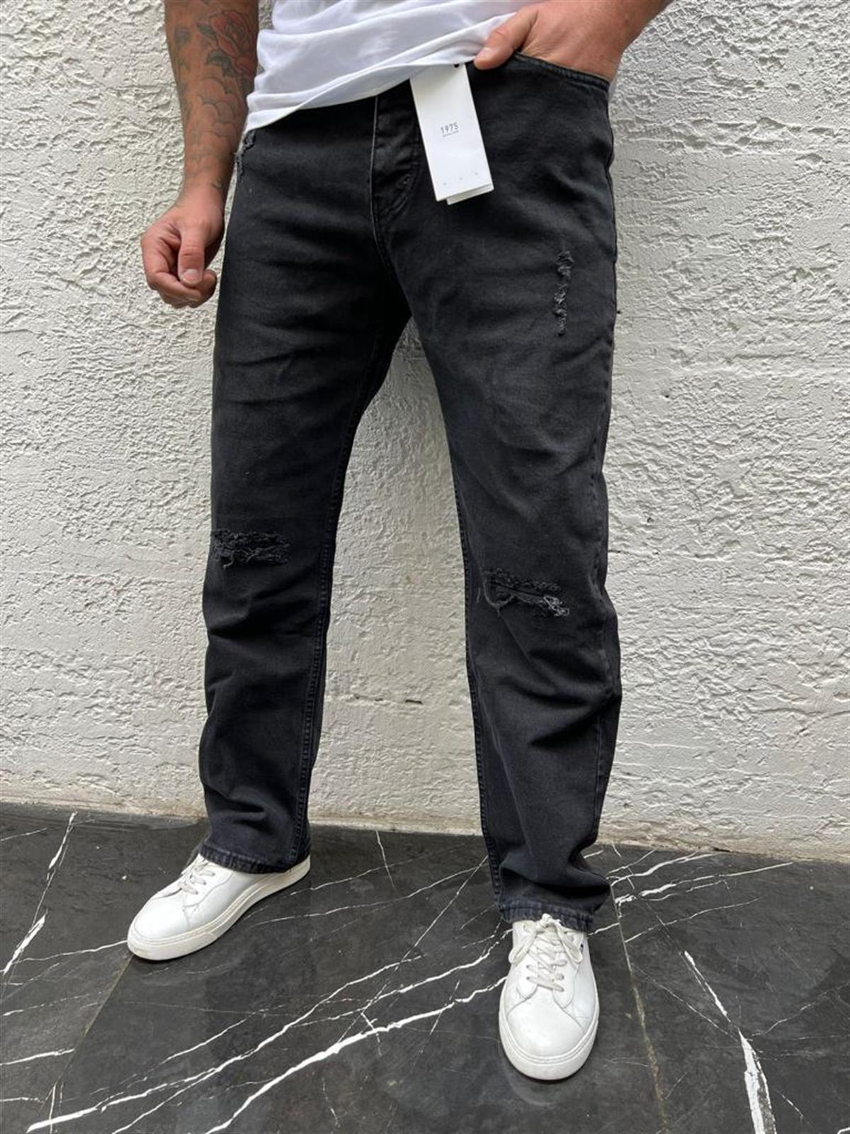 Erkek Siyah Destroylu Baggy Denim Pantolon