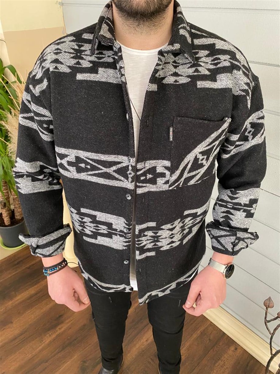 Erkek Siyah Oversize Cepli Kışlık Gömlek