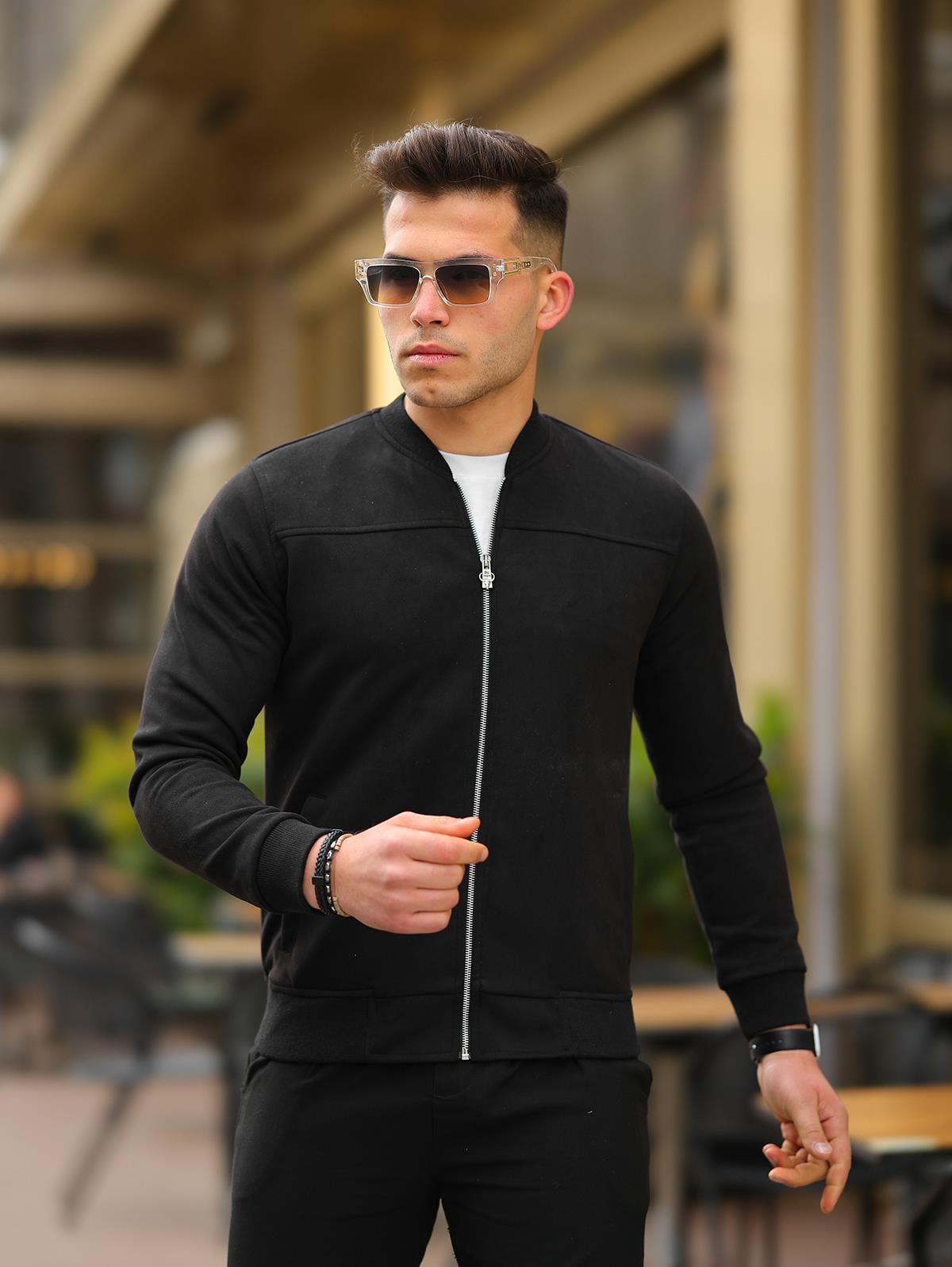 Erkek Siyah Slim Fit Bomber Süet Ceket