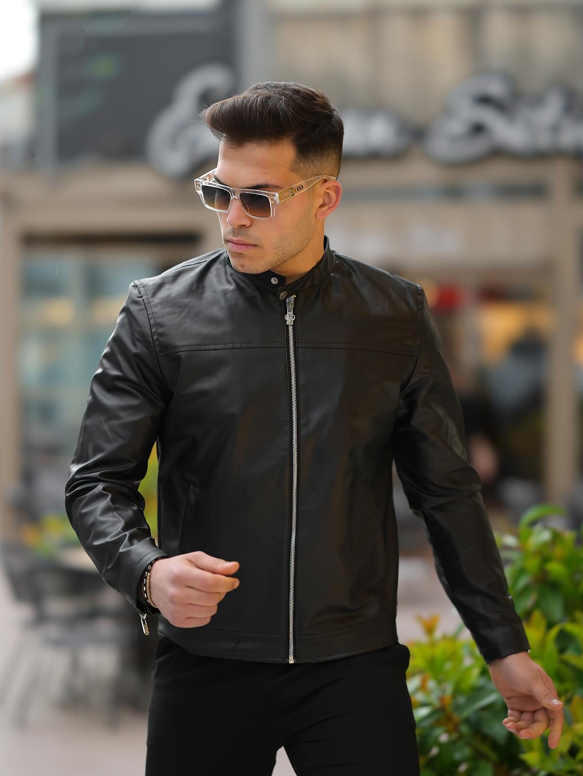 Erkek Siyah Slim Fit Boyun Düğmeli Deri Ceket