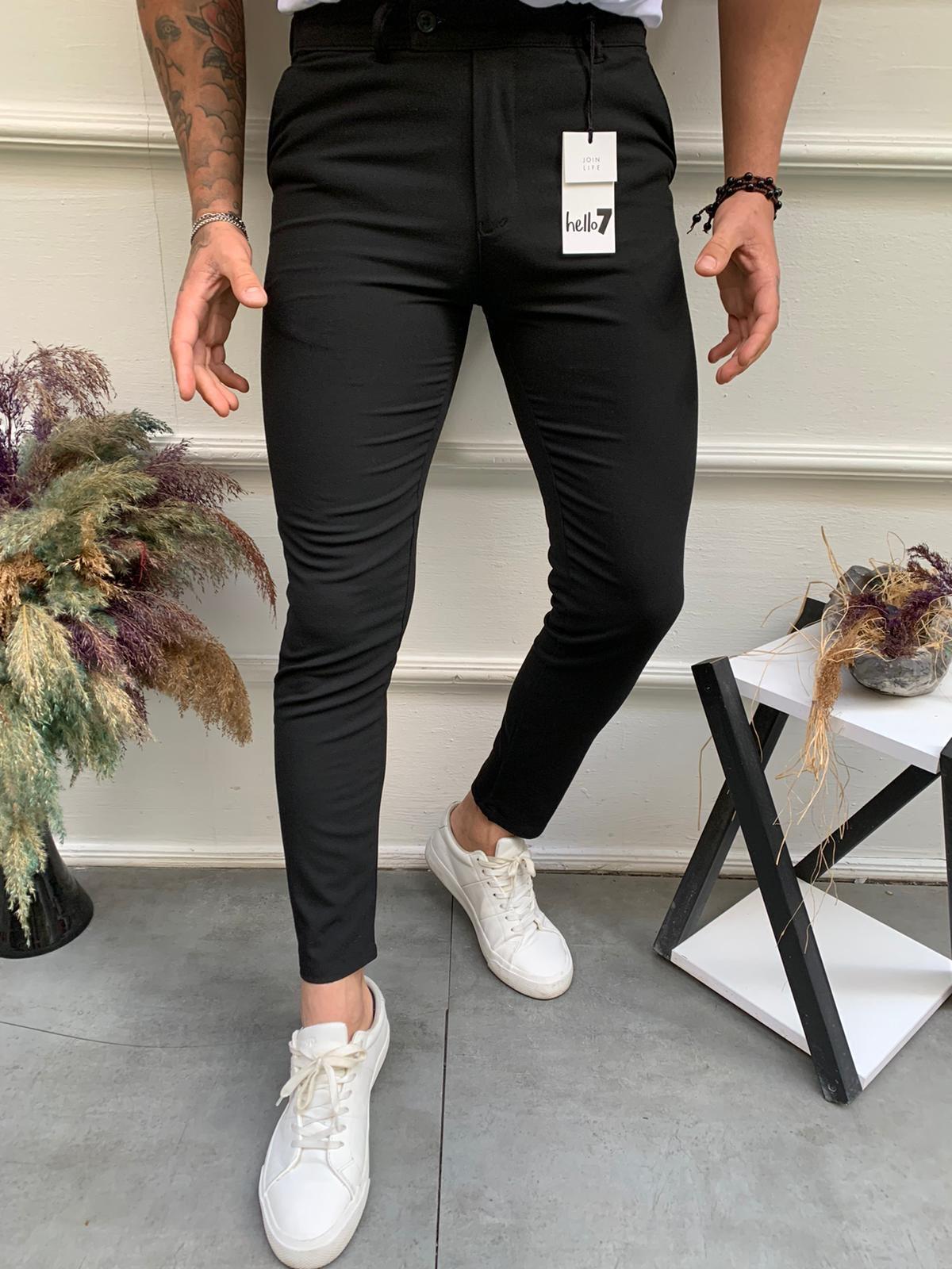 Erkek Siyah Slim Fit Çift Düğme Kumaş Pantolon