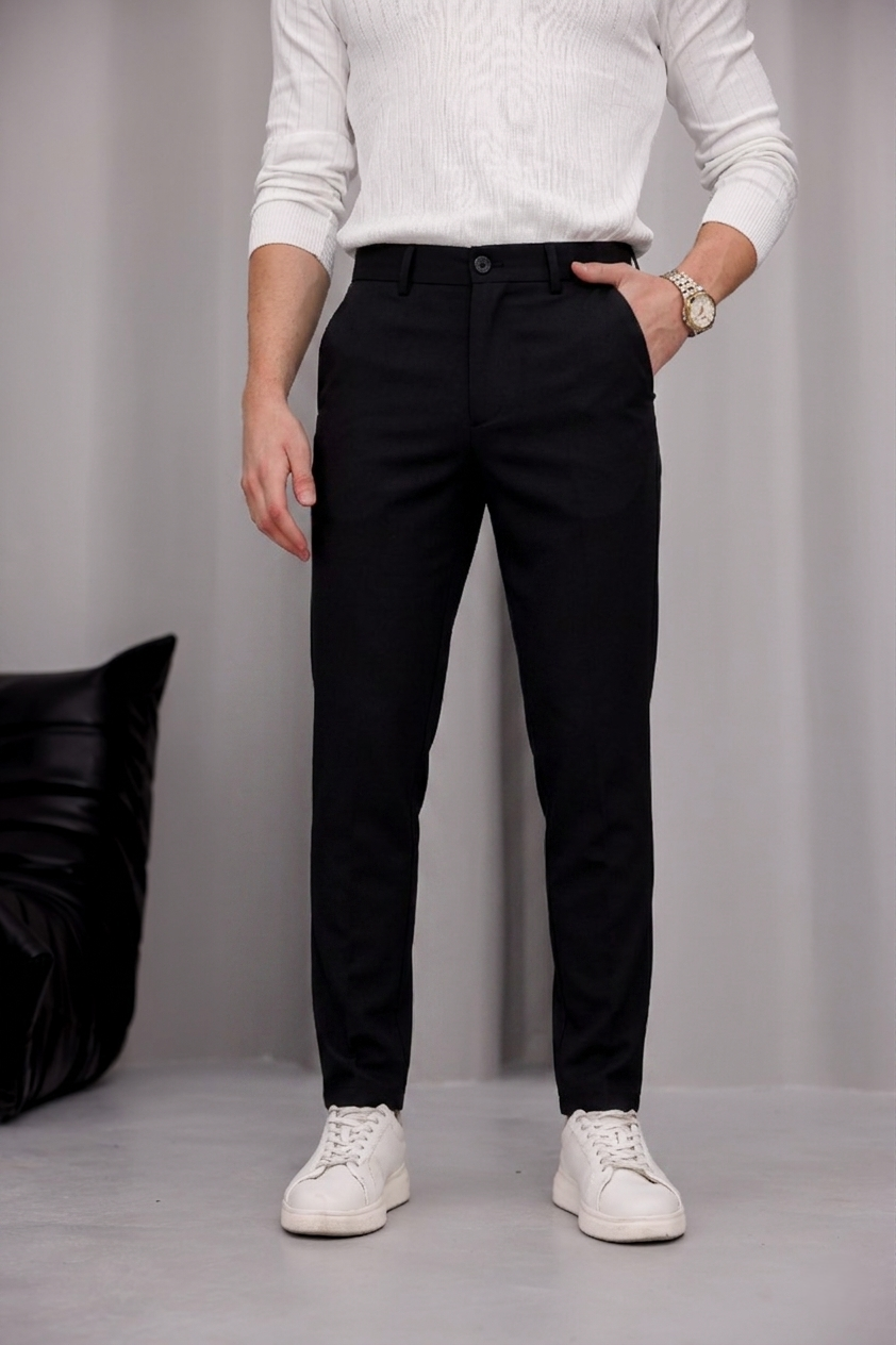 Erkek Siyah Slim Fit Dar Kesim Likralı Yan Cep Bilek Boy Düz Kumaş Pantolon
