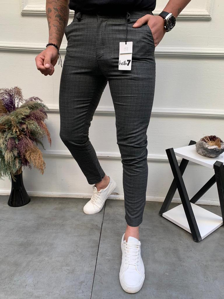 Erkek Siyah Slim Fit Desenli Kumaş Pantolon