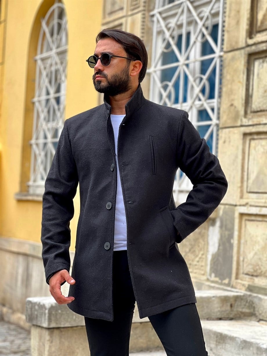 Erkek Siyah Slim Fit Ezel Kaşe Kaban