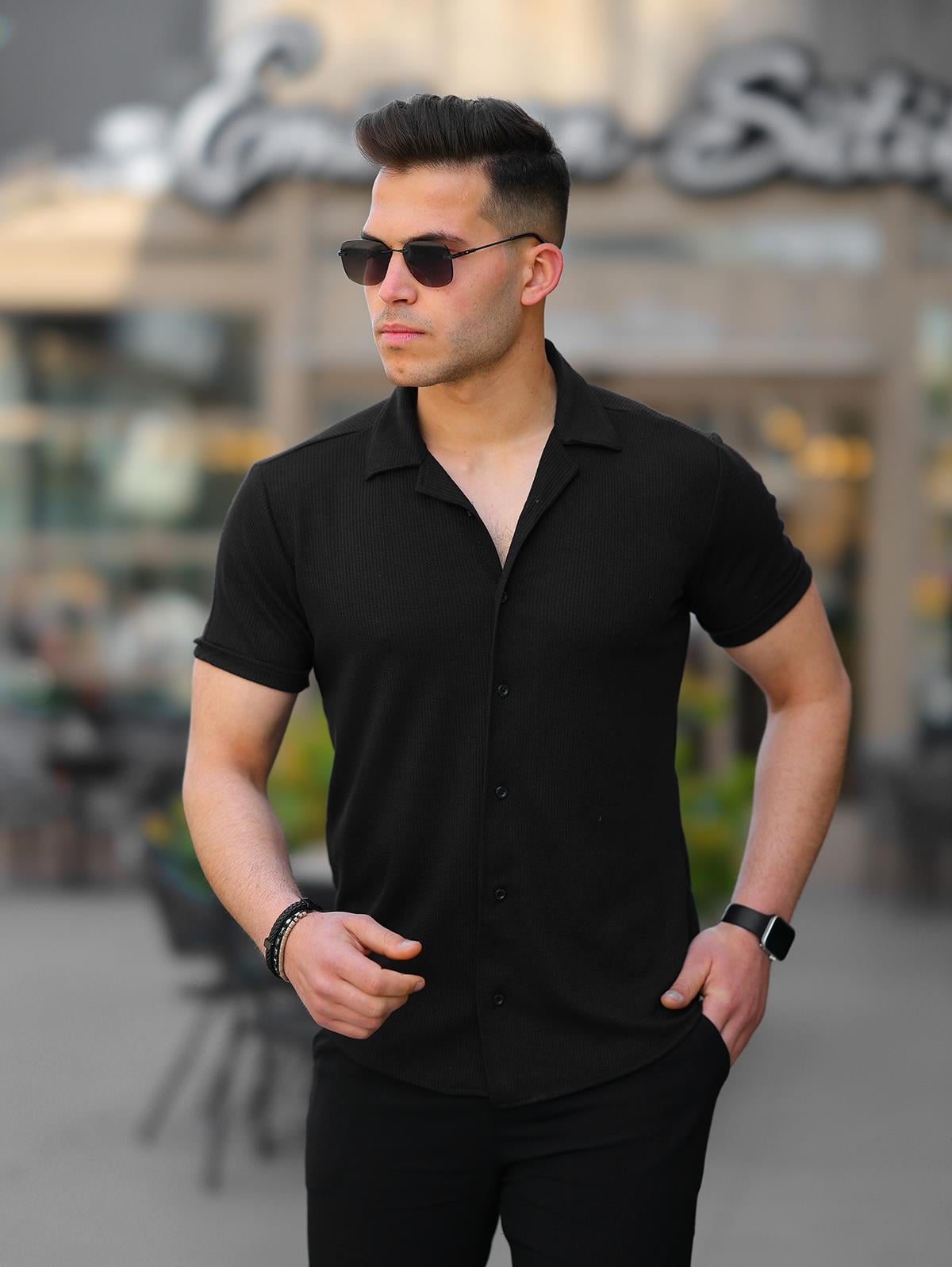 Erkek Siyah Slim Fit Fitilli Kısa Kollu Gömlek