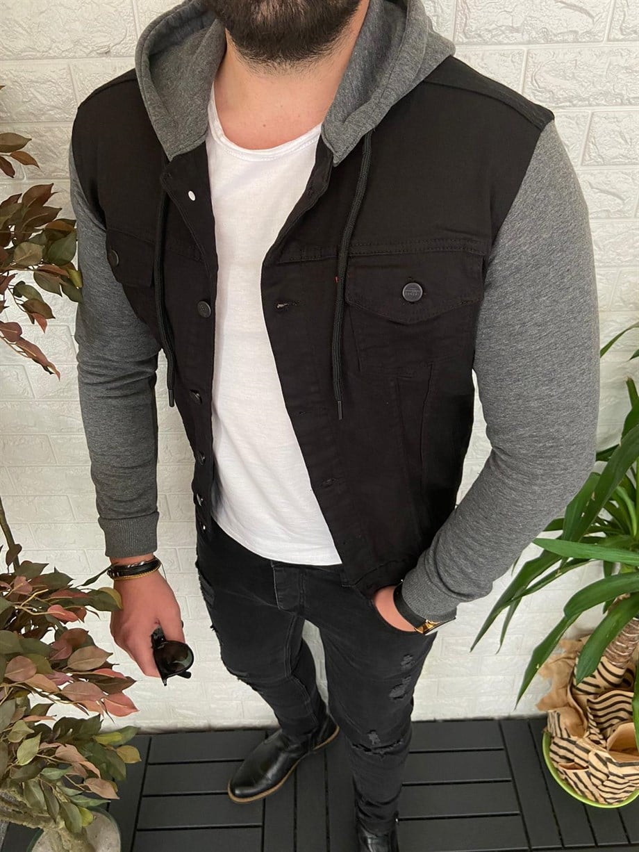 Erkek Siyah Slim Fit Kapüşonlu Kot Ceket
