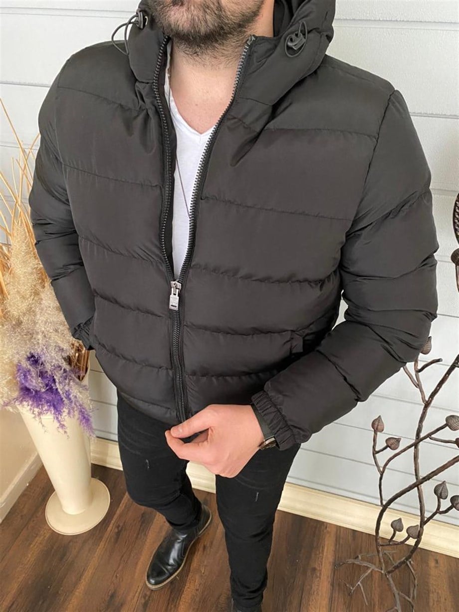 Erkek Siyah Slim Fit Kapüşonlu Şişme Mont