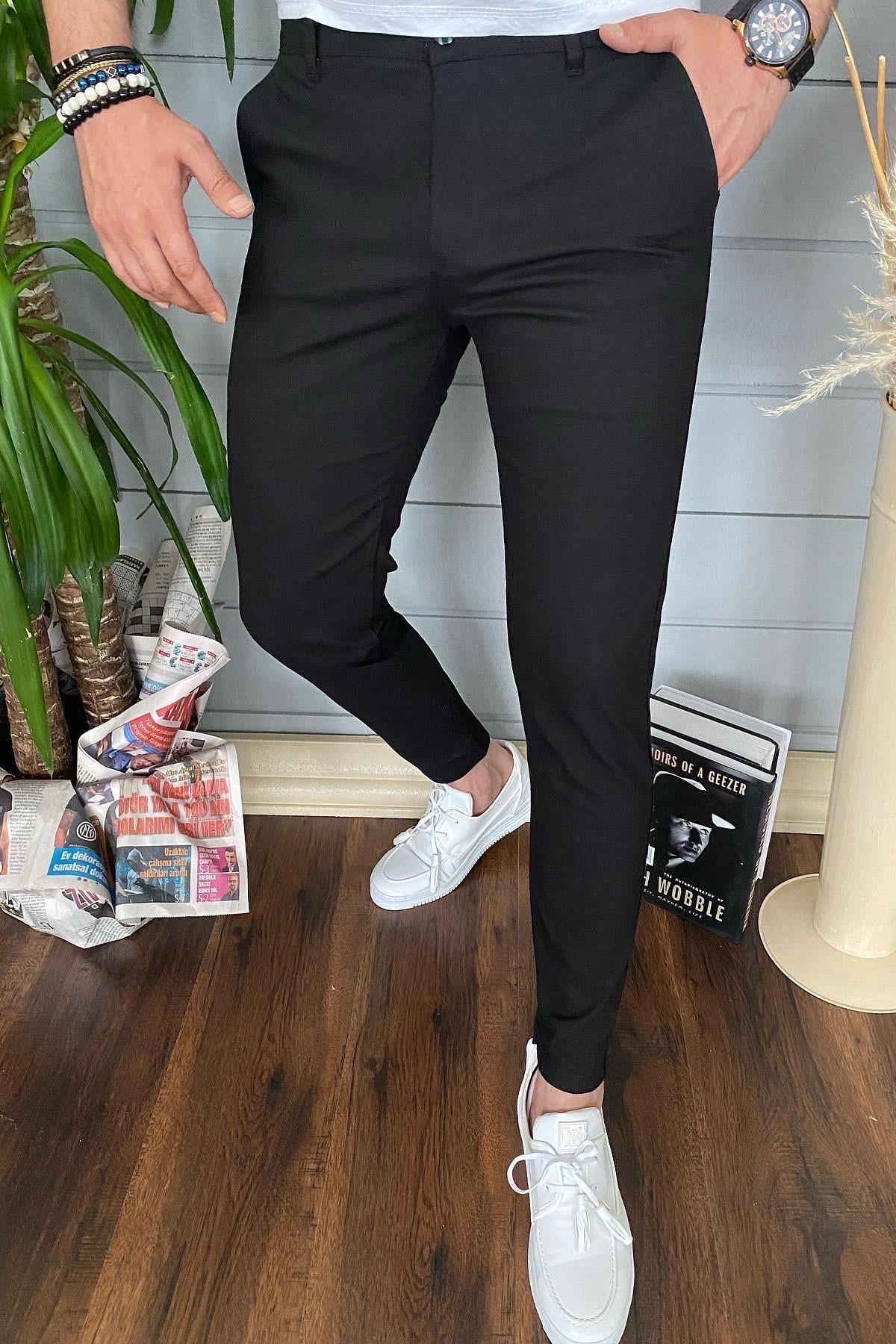 Erkek Siyah Slim Fit Keten Pantolon
