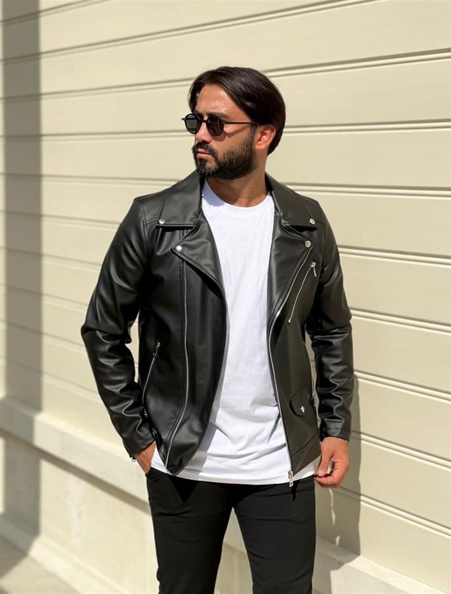 Erkek Siyah Slim Fit Kruvaze Deri Ceket