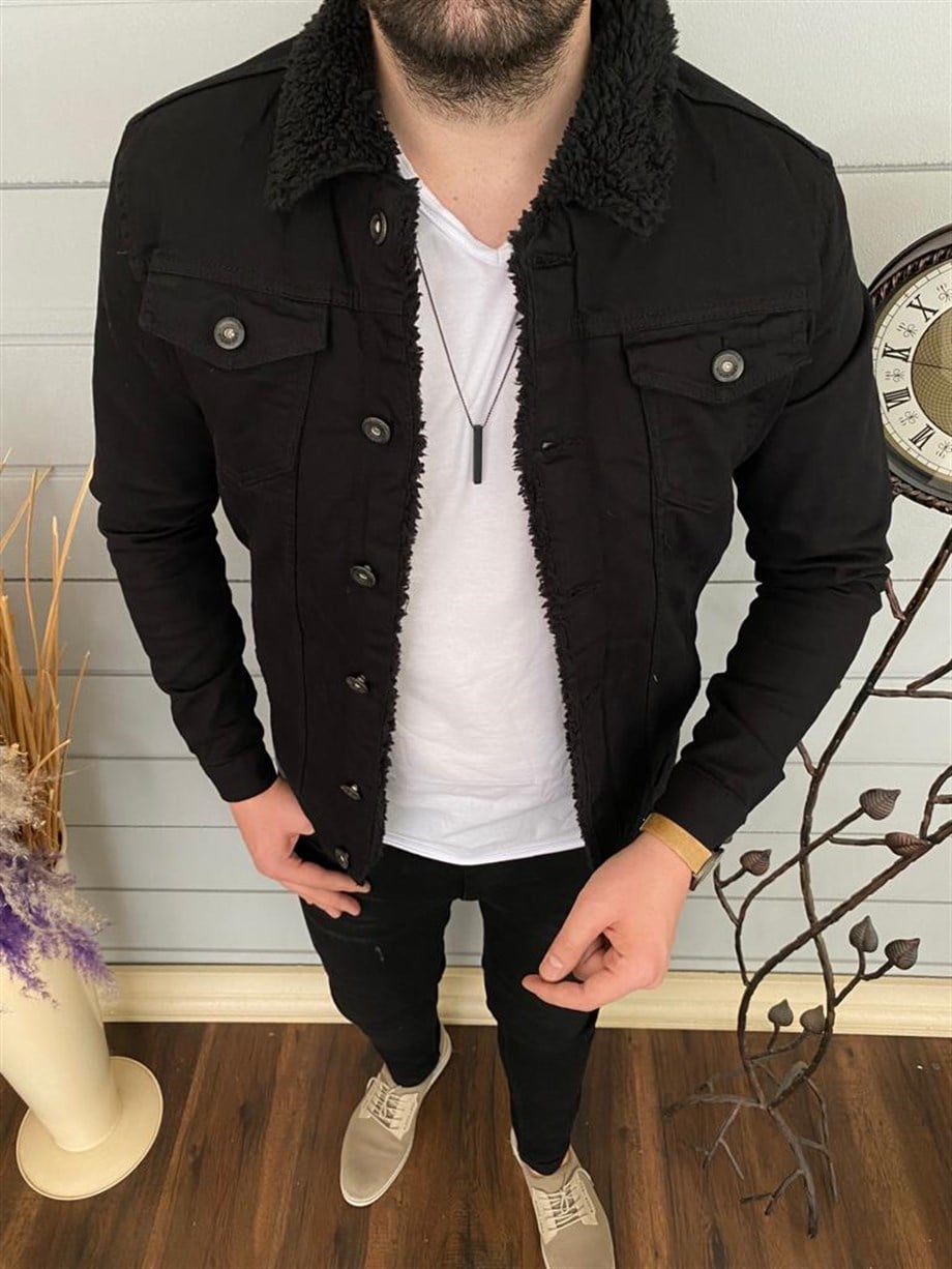Erkek Siyah Slim Fit Kürklü Kot Ceket