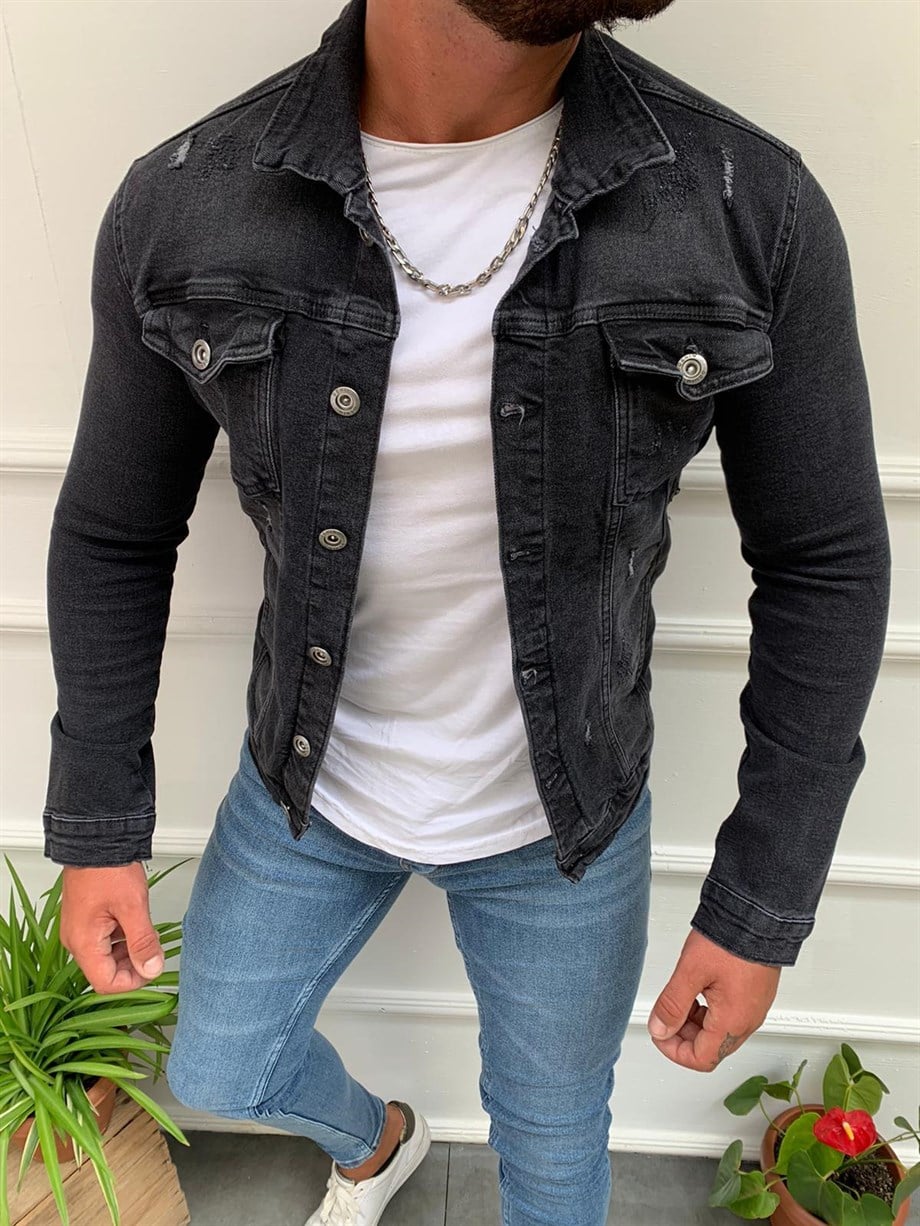 Erkek Siyah Slim Fit Lazerli Kot Ceket