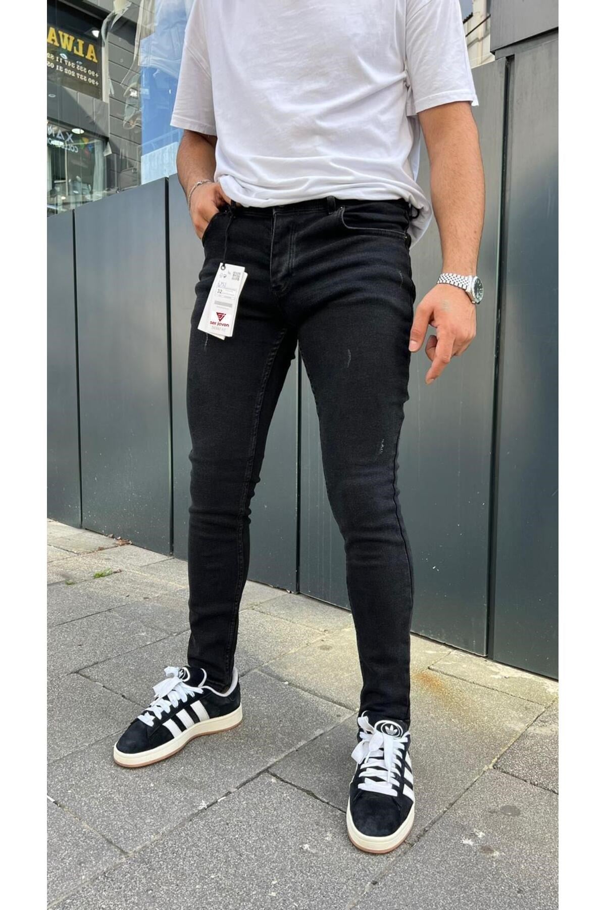 Erkek Siyah Slim Fit Lazerli Likralı Jean Pantolon