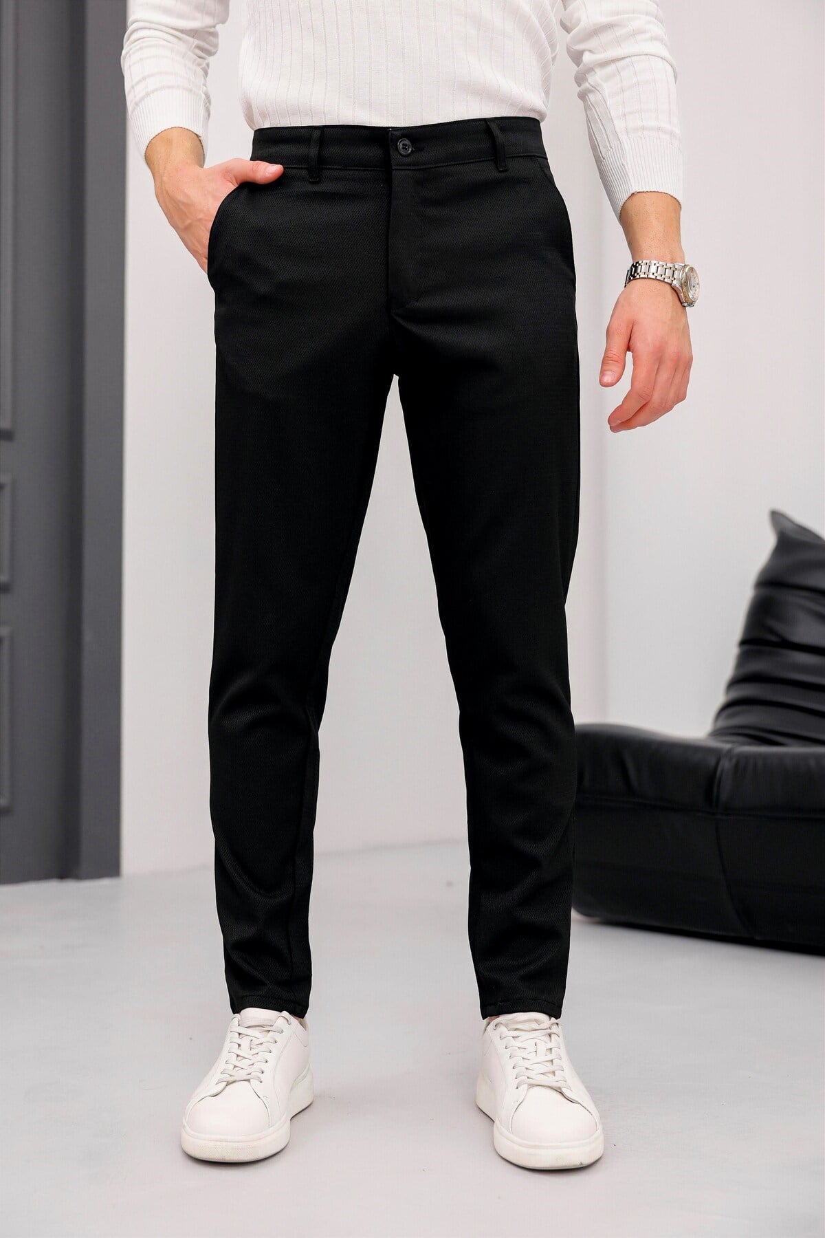 Erkek Siyah Slim Fit Likralı Armür Desenli Casual Pantolon