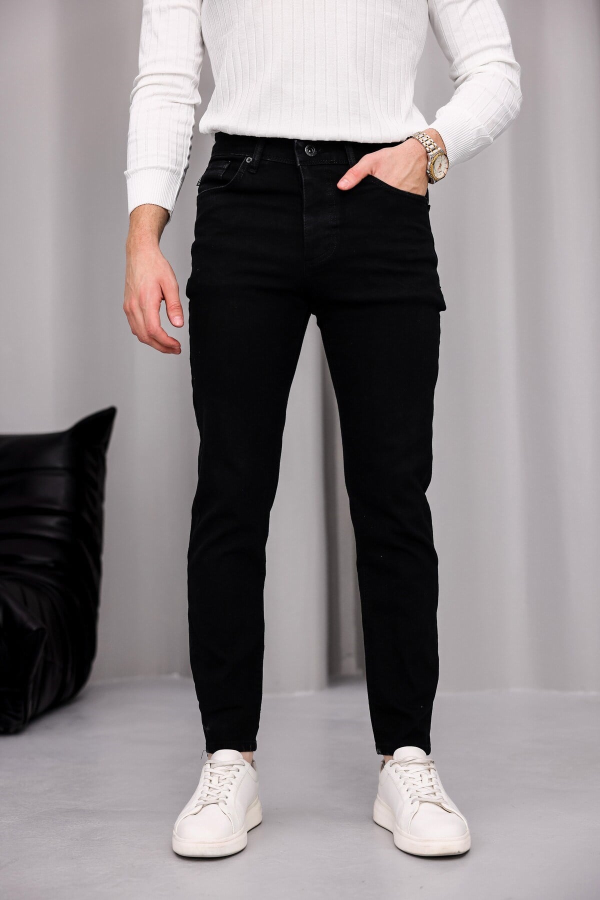 Erkek Siyah Slim Fit Likralı Dar Paça Kot Pantolon