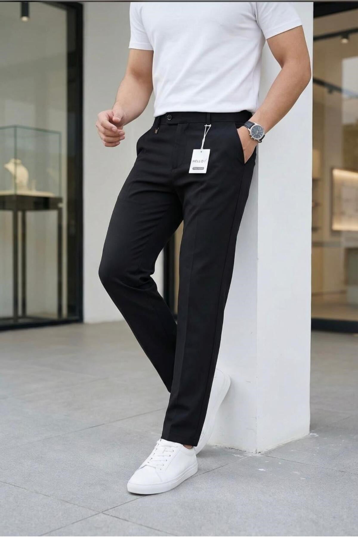 Erkek Siyah Slim Fit Likralı Yan Cep Bilek Boy Düz Kumaş Pantolon
