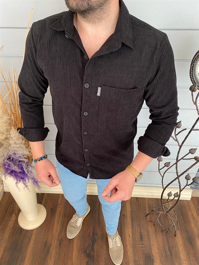 Erkek Siyah Slim Fit Örme Kadife Gömlek