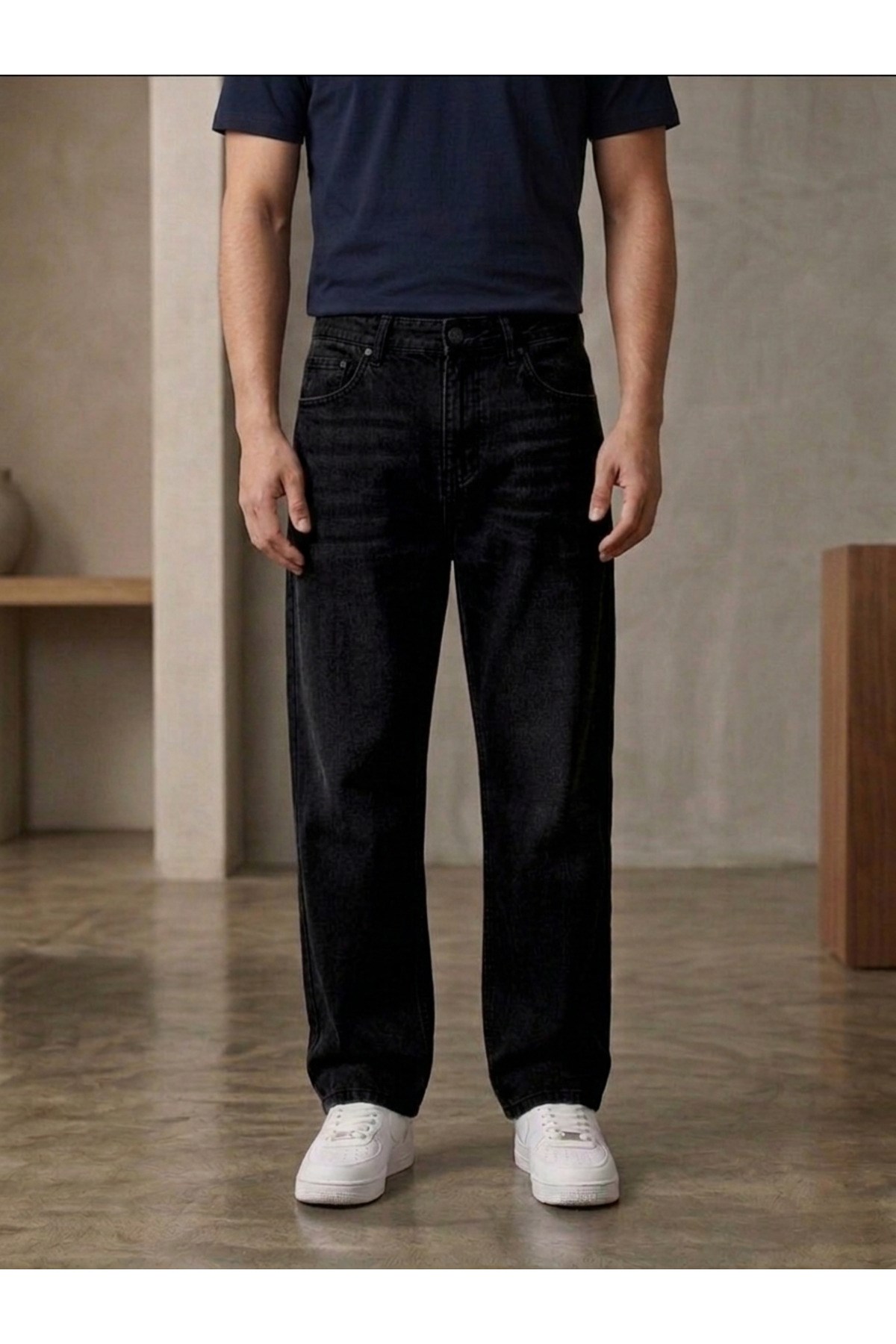 Erkek Siyah Taşlamalı Baggy Fit Geniş Kesim Jean Pantolon