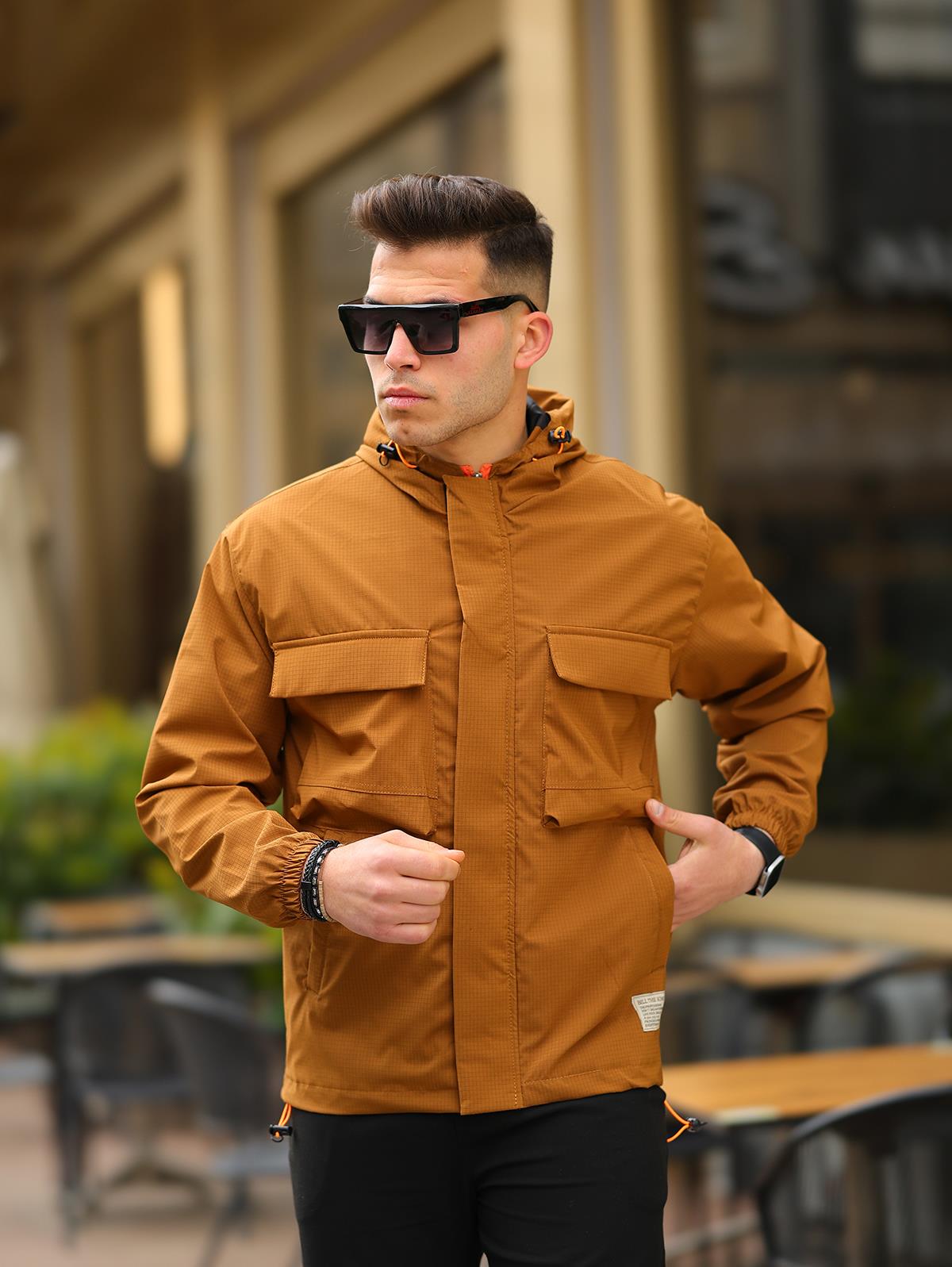 Erkek Taba Regular Fit Kapüşonlu Yağmurluk