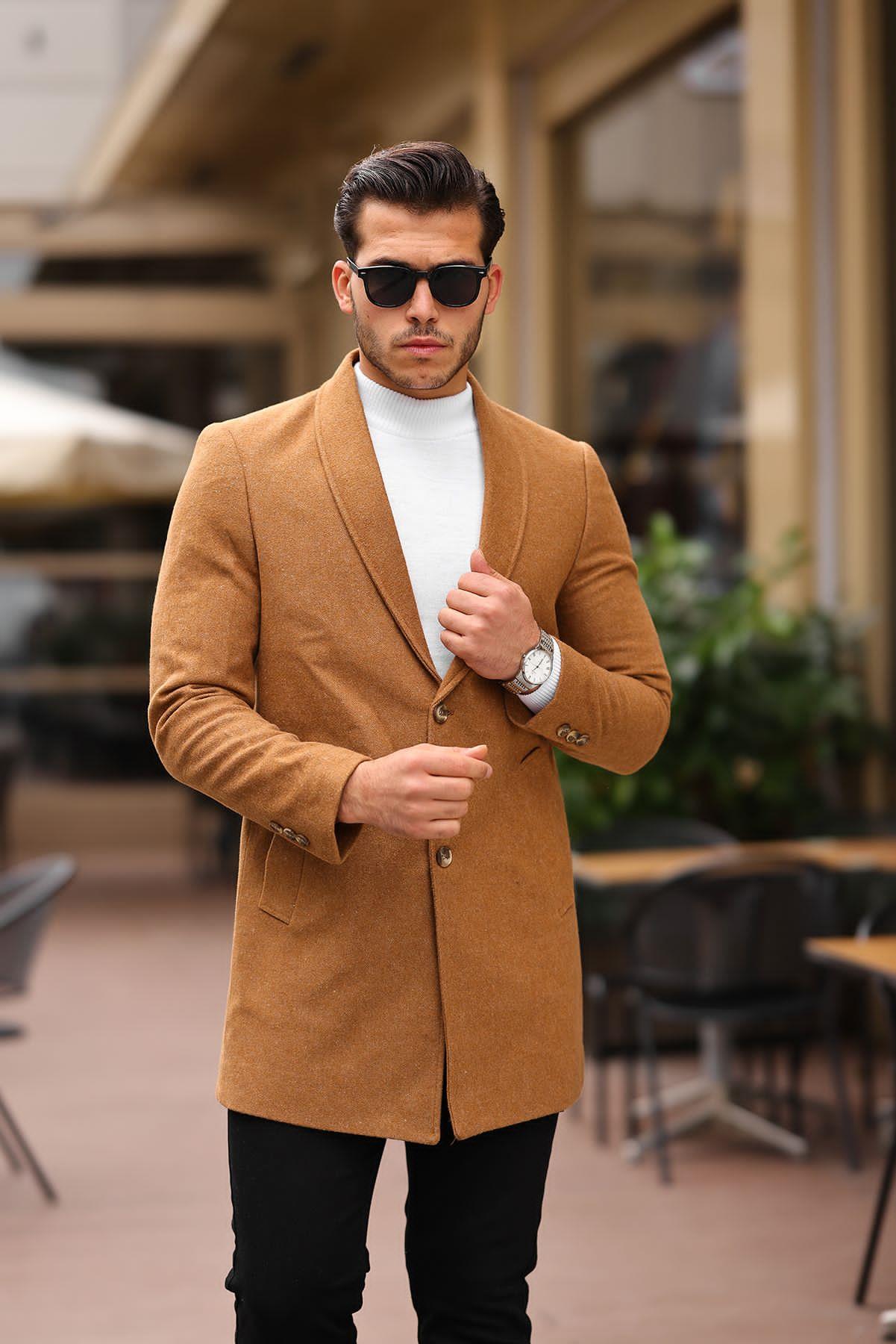 Erkek Taba Slim Fit Klasik Kaşe Kaban