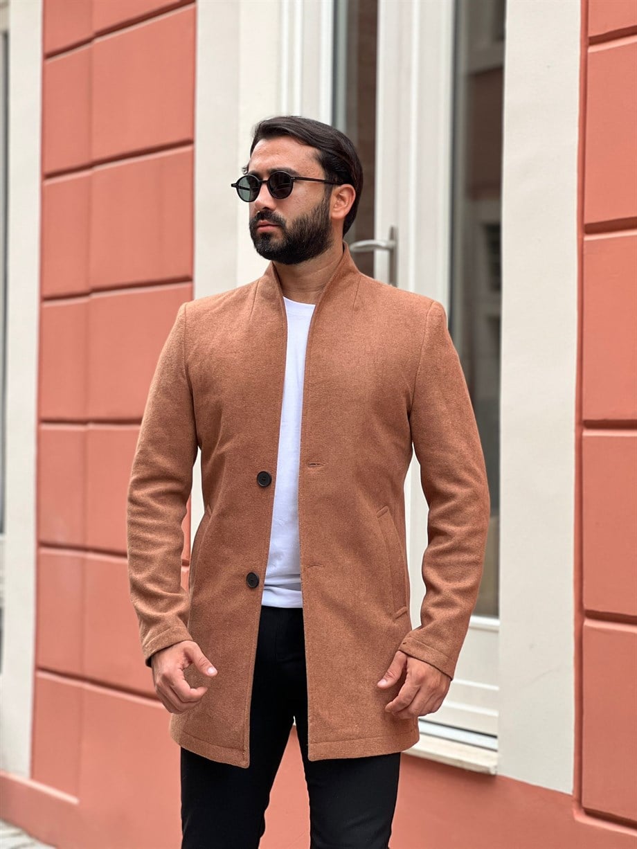 Erkek Taba Slim Fit Yuvarlak Yaka Kaşe Kaban