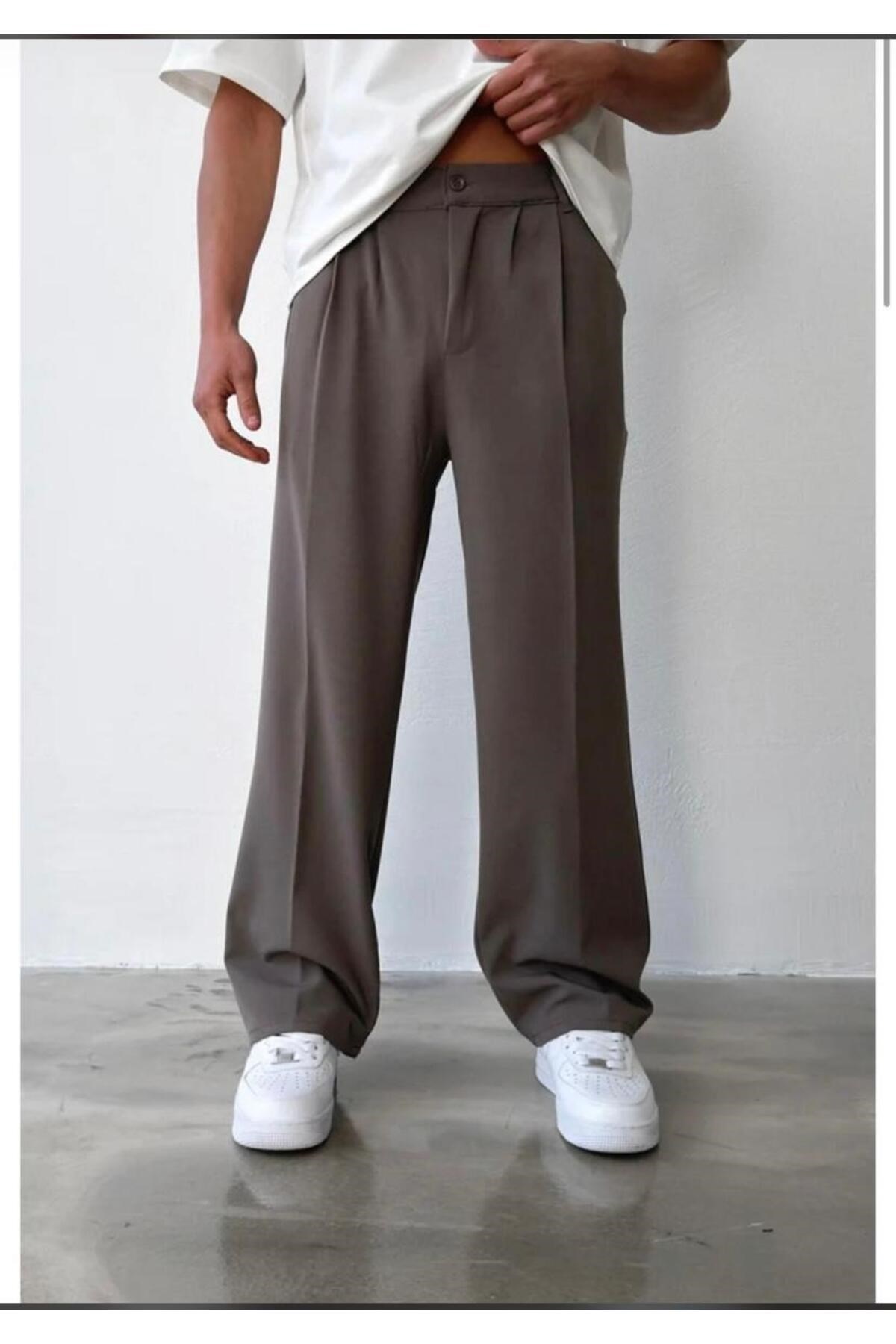 Erkek Vizon Baggy Fit Rahat Kesim Pileli Kumaş Pantolon