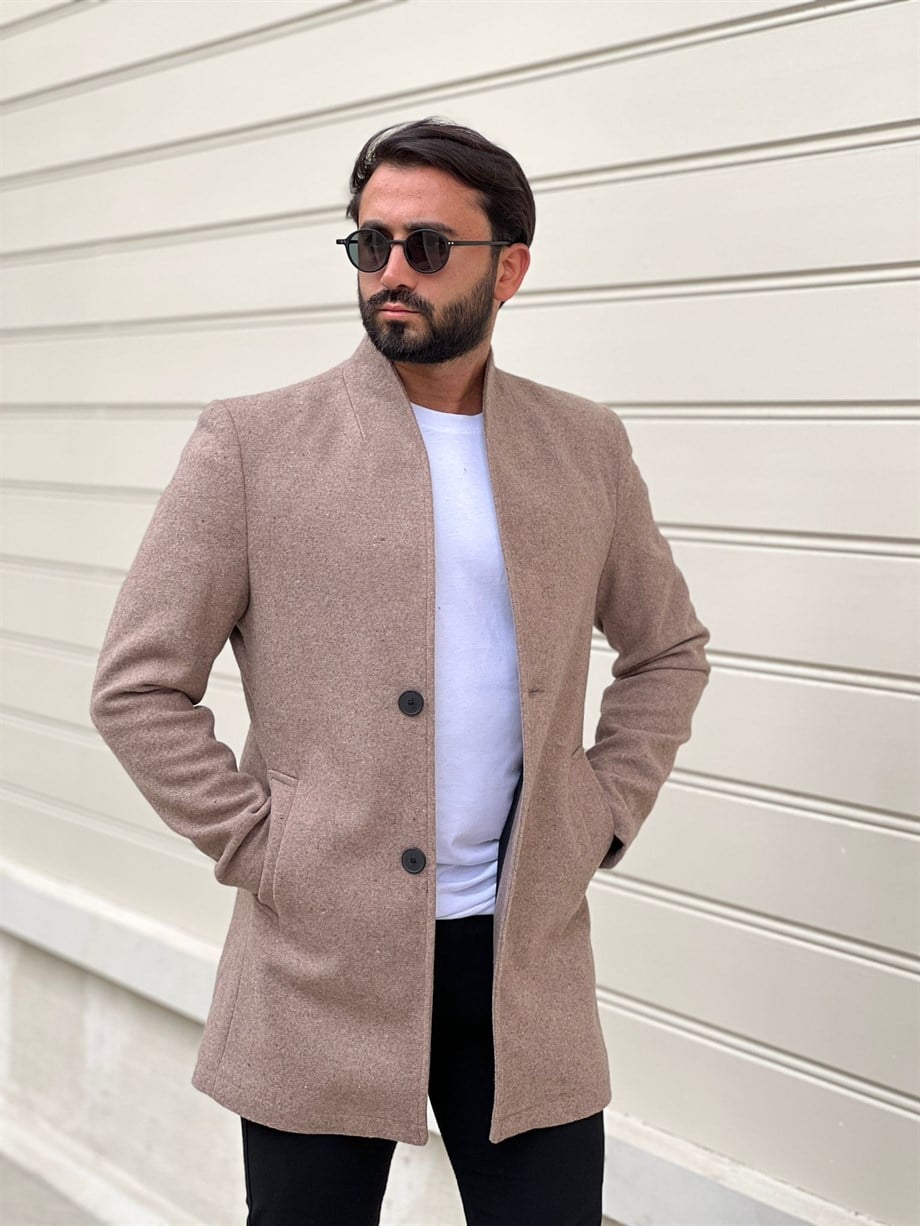 Erkek Vizon Slim Fit Yuvarlak Yaka Kaşe Kaban