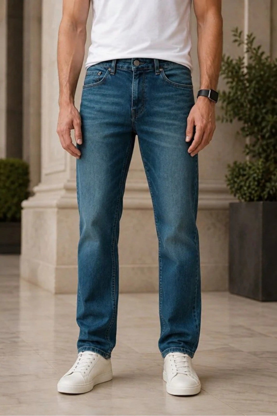 Erkek Yeşil Regular Fit Taşlamalı Düz Paça Kot Pantolon