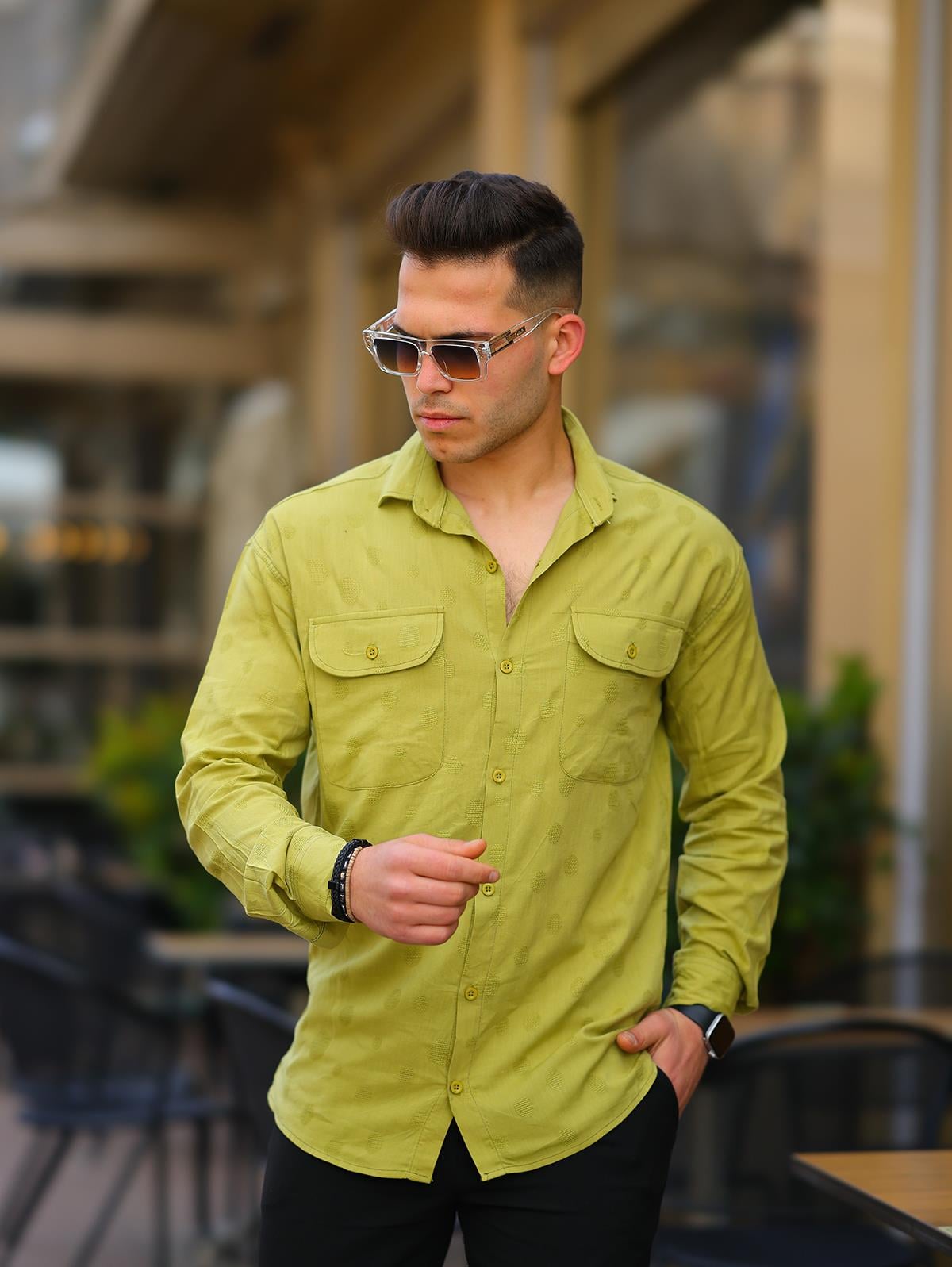 Erkek Yeşil Relaxed Fit Çift Cepli Desenli Gömlek