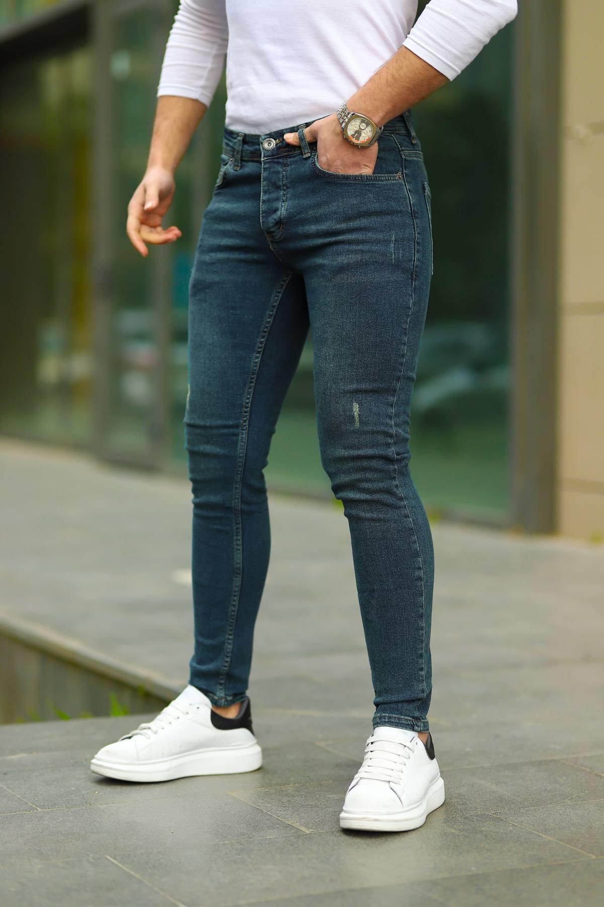 Erkek Yeşil Slim Fit Lazerli Kot Pantolon