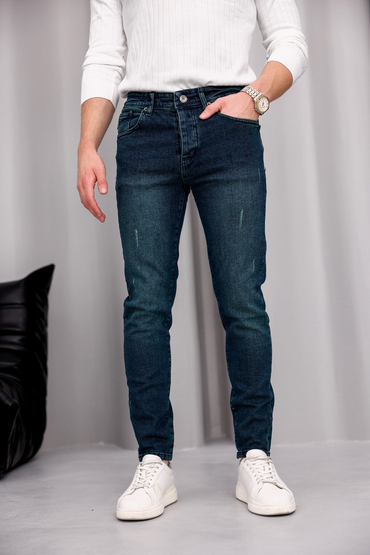 Erkek Yeşil Slim Fit Likralı Dar Paça Lazerli Kot Pantolon