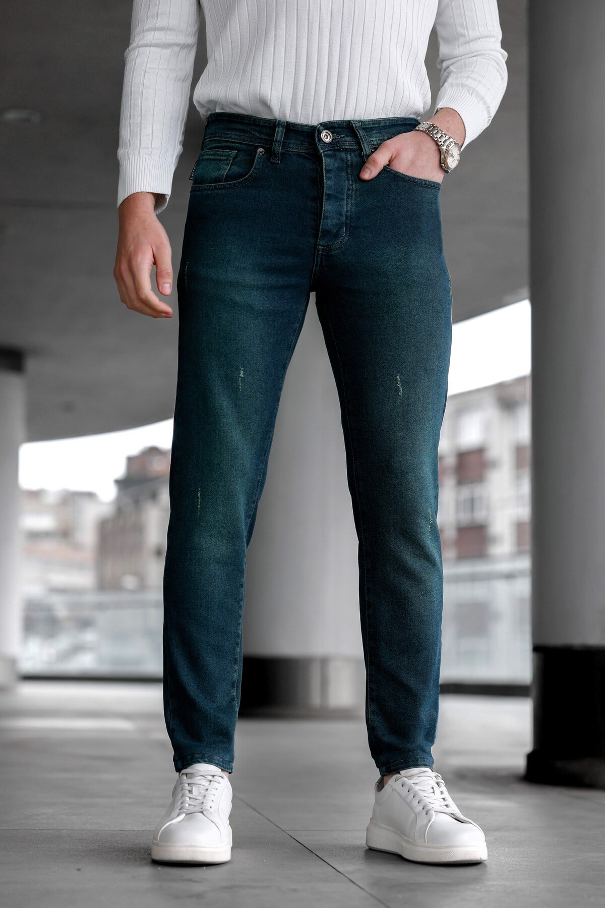 Erkek Yeşil Slim Fit Likralı Dar Paça Lazerli Kot Pantolon