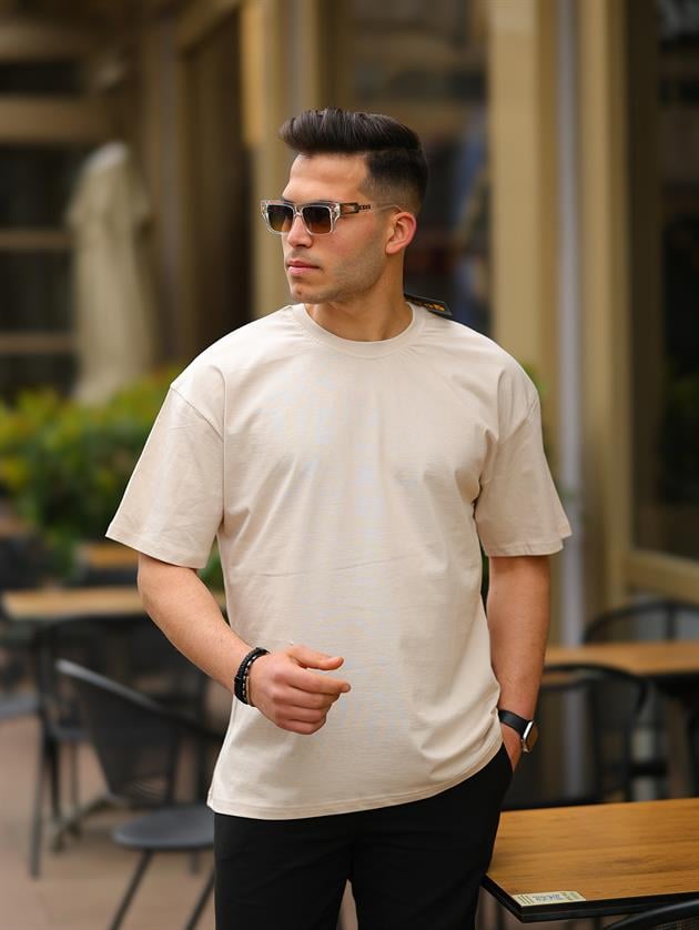 Erkek Bej Basic Oversize T-shirt