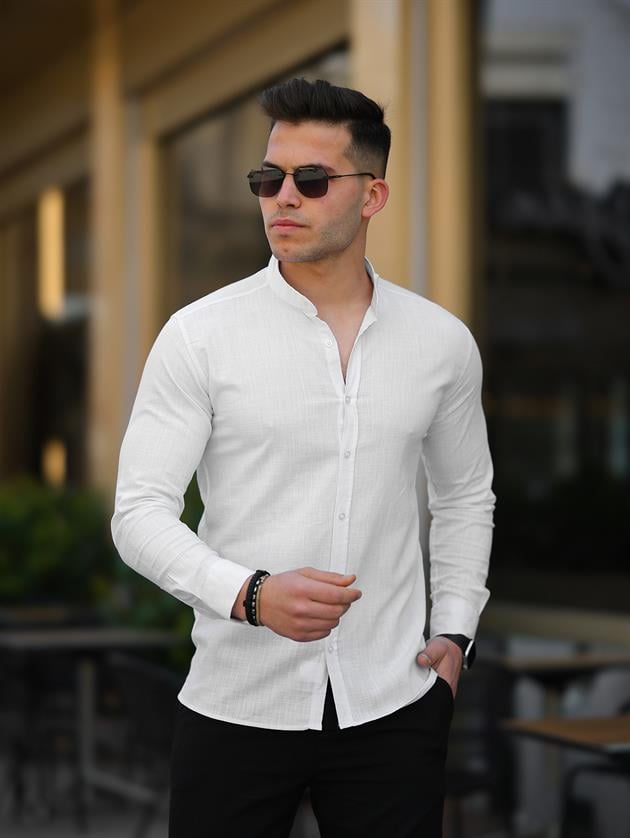 Erkek Beyaz Slim Fit Keten Hakim Yaka Gömlek