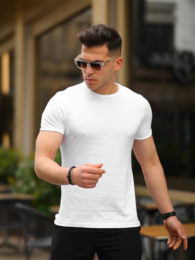 Erkek Beyaz Slim Fit Pis Yaka T-shirt