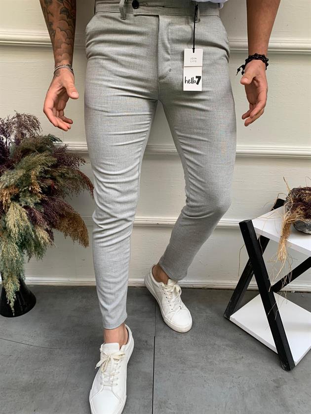 Erkek Gri Slim Fit Çift Düğme Kumaş Pantolon