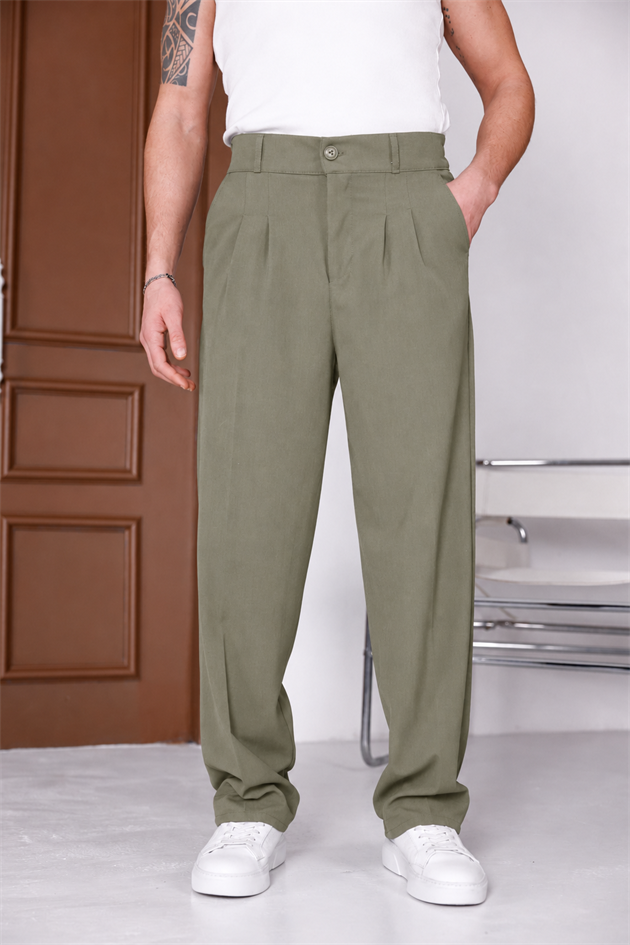 Erkek Haki Baggy Fit Rahat Kesim Pileli Kumaş Pantolon