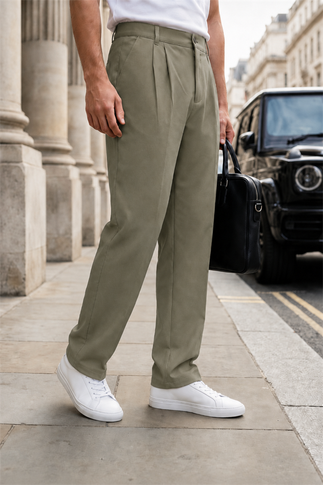 Erkek Haki Baggy Fit Rahat Kesim Pileli Kumaş Pantolon