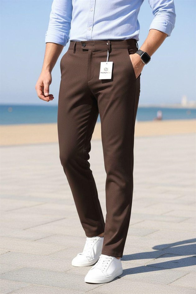 Erkek Kahverengi Slim Fit Likralı Yan Cep Bilek Boy Düz Kumaş Pantolon
