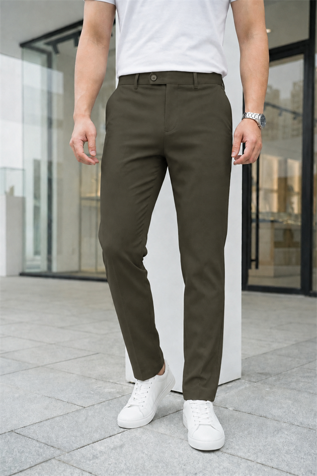 Erkek Koyu Yeşil Slim Fit Likralı Yan Cep Bilek Boy Düz Kumaş Pantolon