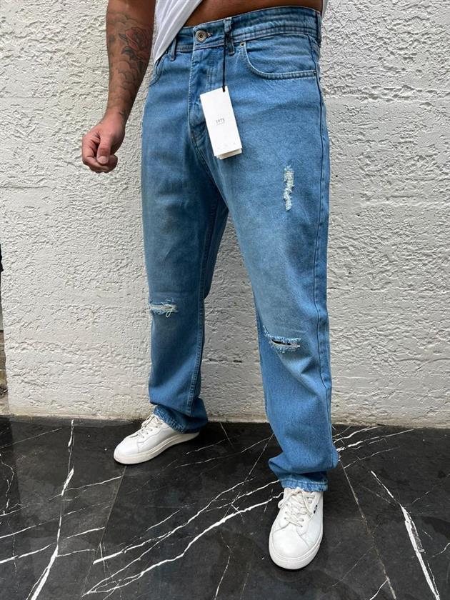Erkek Mavi Destroylu Baggy Denim Pantolon