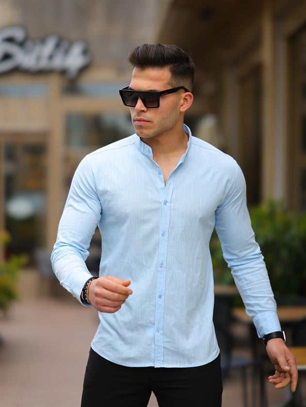 Erkek Mavi Slim Fit Keten Hakim Yaka Gömlek