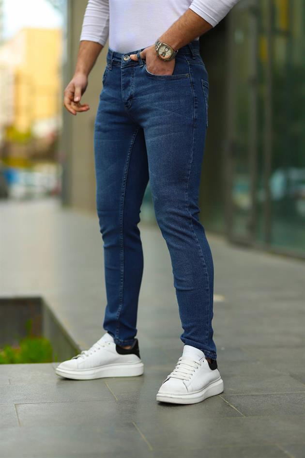 Erkek Buz Mavi Skinny Fit Lazerli Şeritli Kot Pantolon