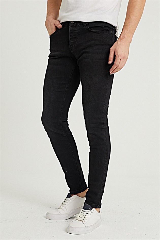 Erkek Siyah Kimyasallı Slim Fit Likralı Dar Paça Kot Pantolon