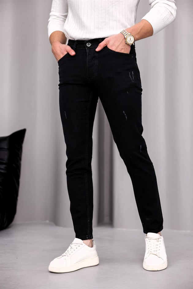 Erkek Siyah Slim Fit Likralı Dar Paça Lazerli Kot Pantolon