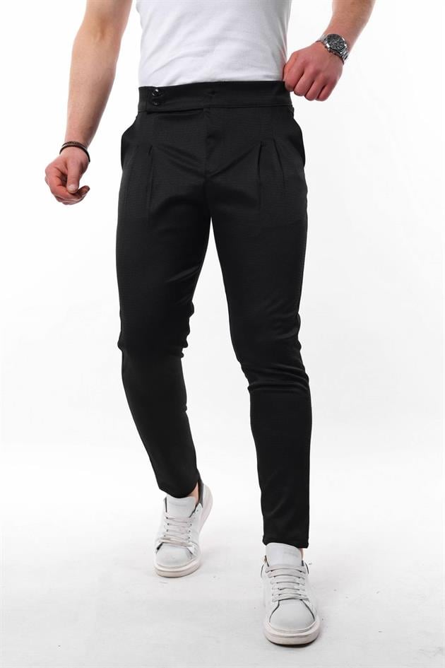 Erkek Siyah Slim Fit Pileli Düğme Detaylı Keten Pantolon