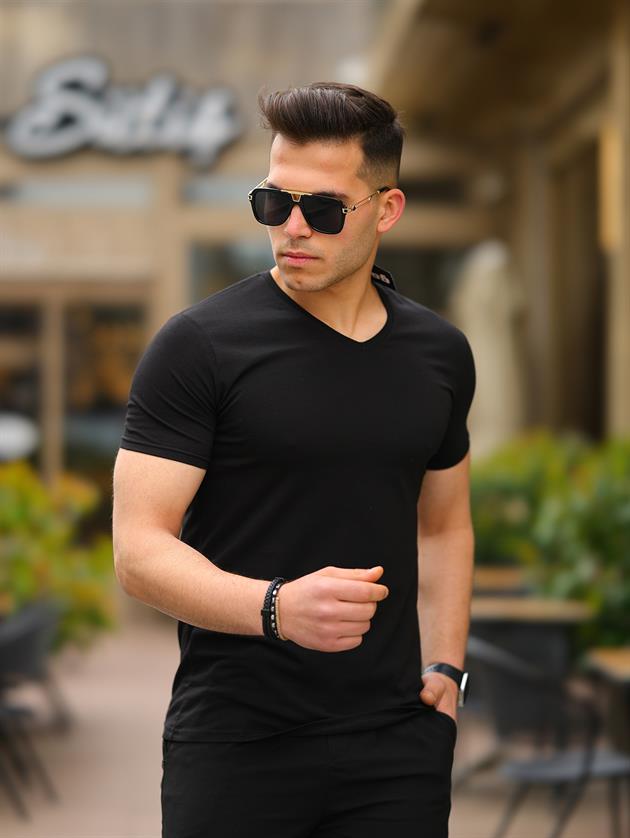 Erkek Siyah Slim Fit V Yaka T-shirt