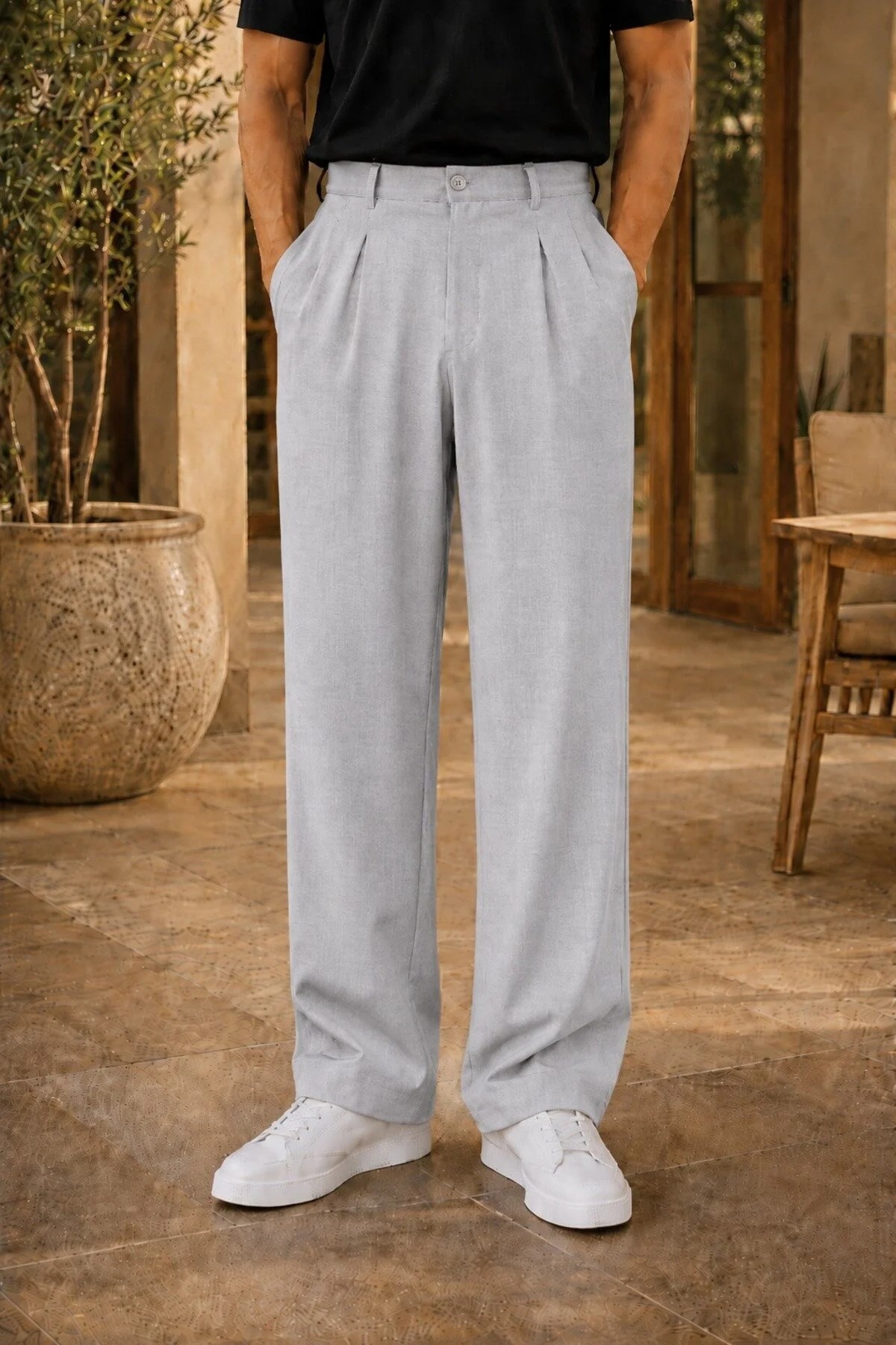 Erkek Açık Gri Baggy Fit Rahat Kesim Pileli Kumaş Pantolon