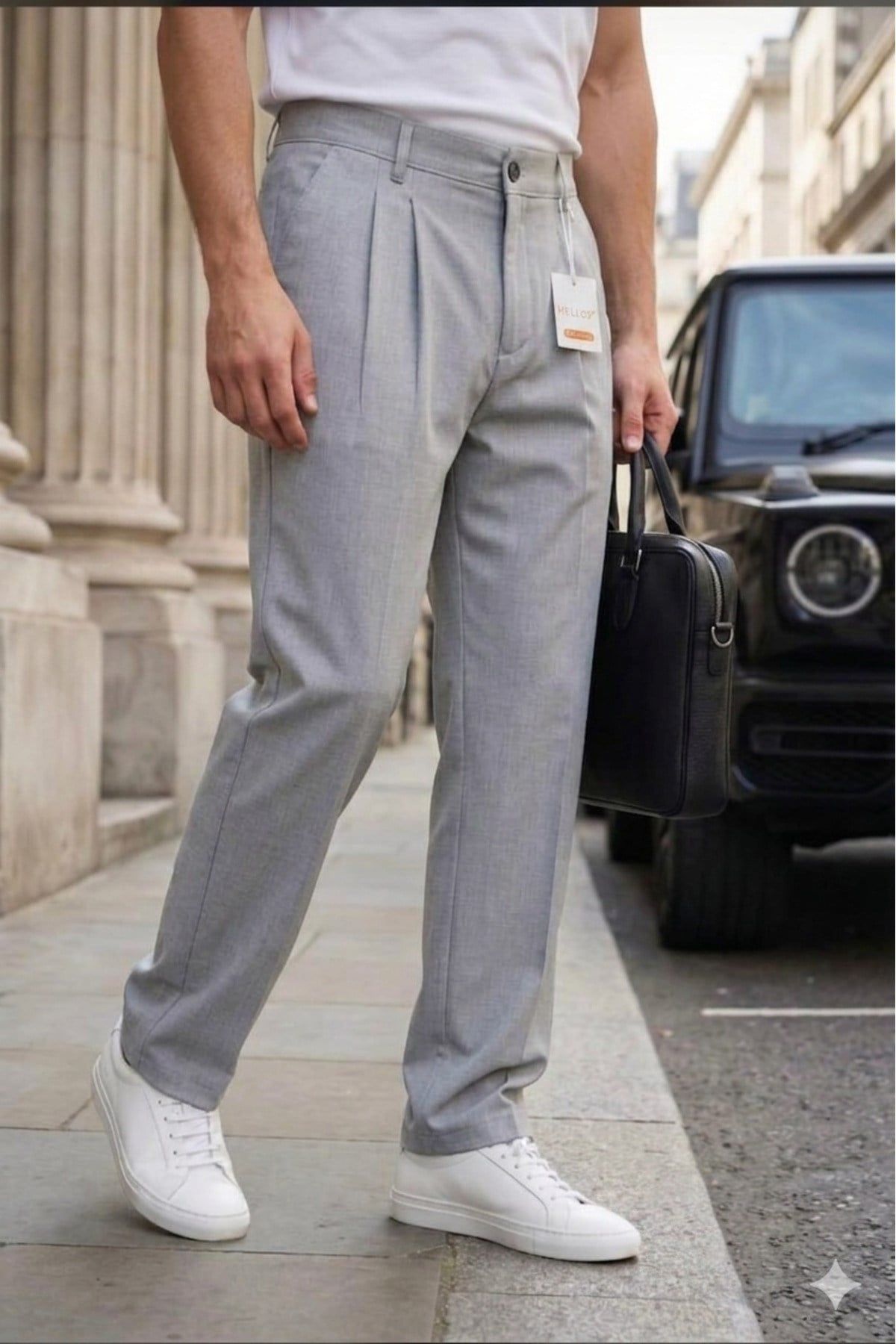 Erkek Açık Gri Baggy Fit Rahat Kesim Pileli Kumaş Pantolon