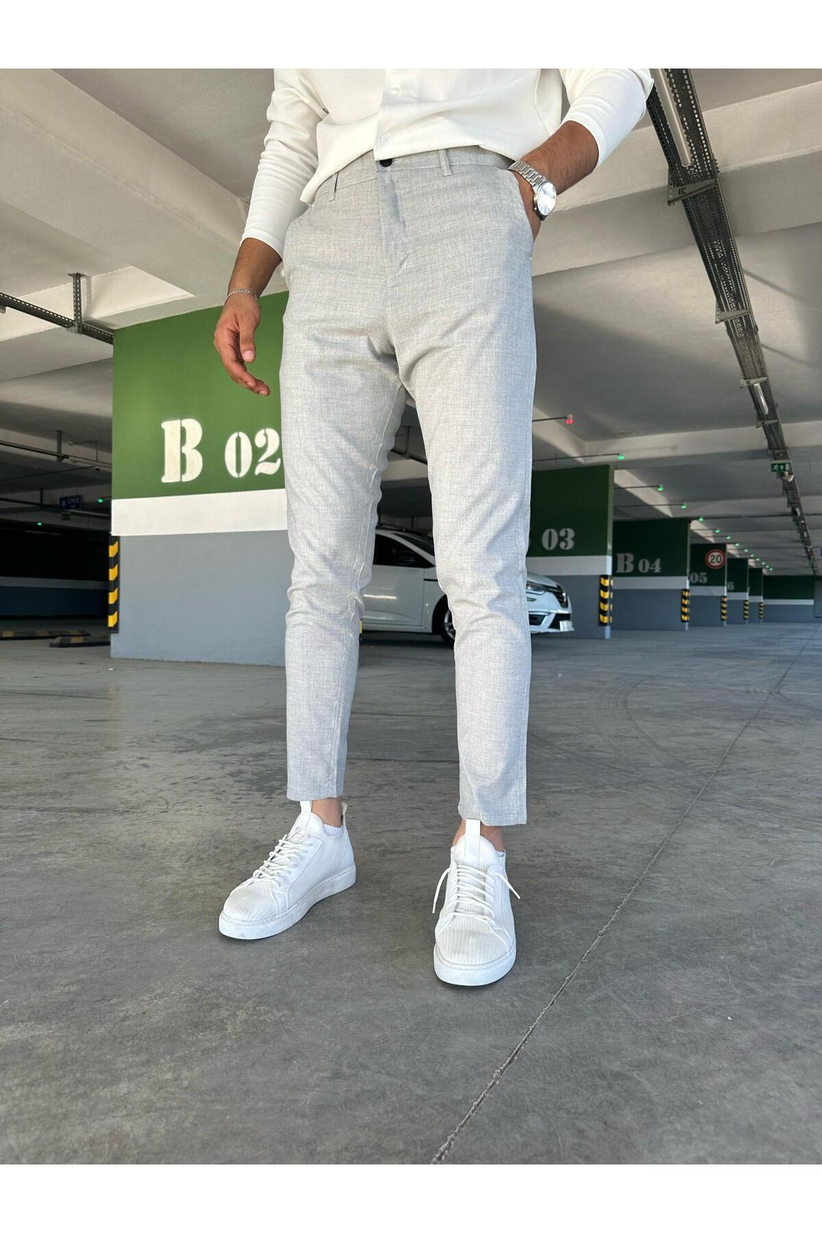 Erkek Açık Gri Slim Fit Dar Kesim Likralı Yan Cep Bilek Boy Düz Kumaş Pantolon
